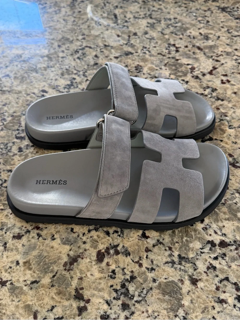Hermes Grey Suede H-Logo Slide Sandals